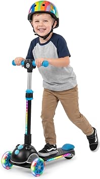 Gotrax SK1 Foldable Electric Scooter for Kids 4+, Full Body LED Light, 90min Riding & 5Mph Speed, Push-Button Throttle&Battery Indicator, 6 Wheel&3 Adjustable Height, 3 Wheel Escooter, Gift, Black