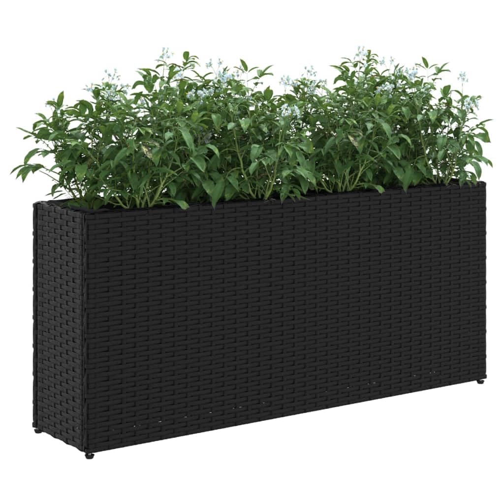 Donice ogrodowe z 2 wkładami 2 sztuki czarne 90x20x40 cm rattan PE stalowa rama dekoracyjne na kwiaty rośliny taras balkon