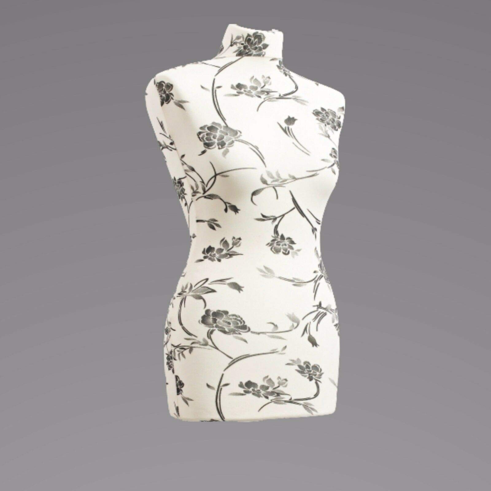 Schneiderpuppe LUCCESI / Größe S - XL (Female) / Torso Size L/XL (42-44) / Bezug Creme-Weiss/florales Muster (schwarz) / Standfuss Weiss / Damen - Schaufensterpuppe