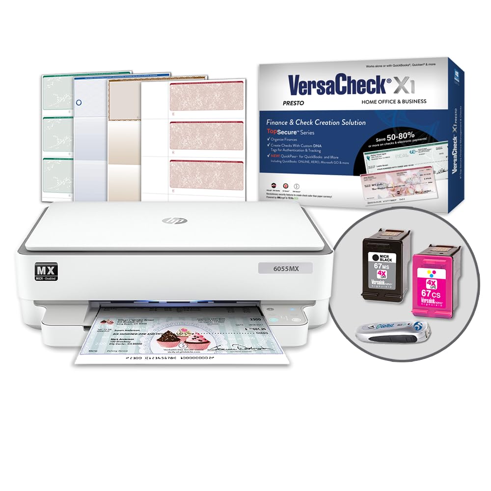 VersaCheck HP Envy 6055 MXE All-in-One MICR Check Printer Presto Software Bundle, White