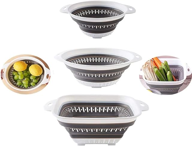D L D Collapsible Colander - BPA Free Silicone Food Strainer with Plastic Handles - Heavy Duty Foldable Heat Resistant Pasta and Veggies Kitchen Drainer Steam Basket - Dishwasher Safe - 3pcs (Gray)