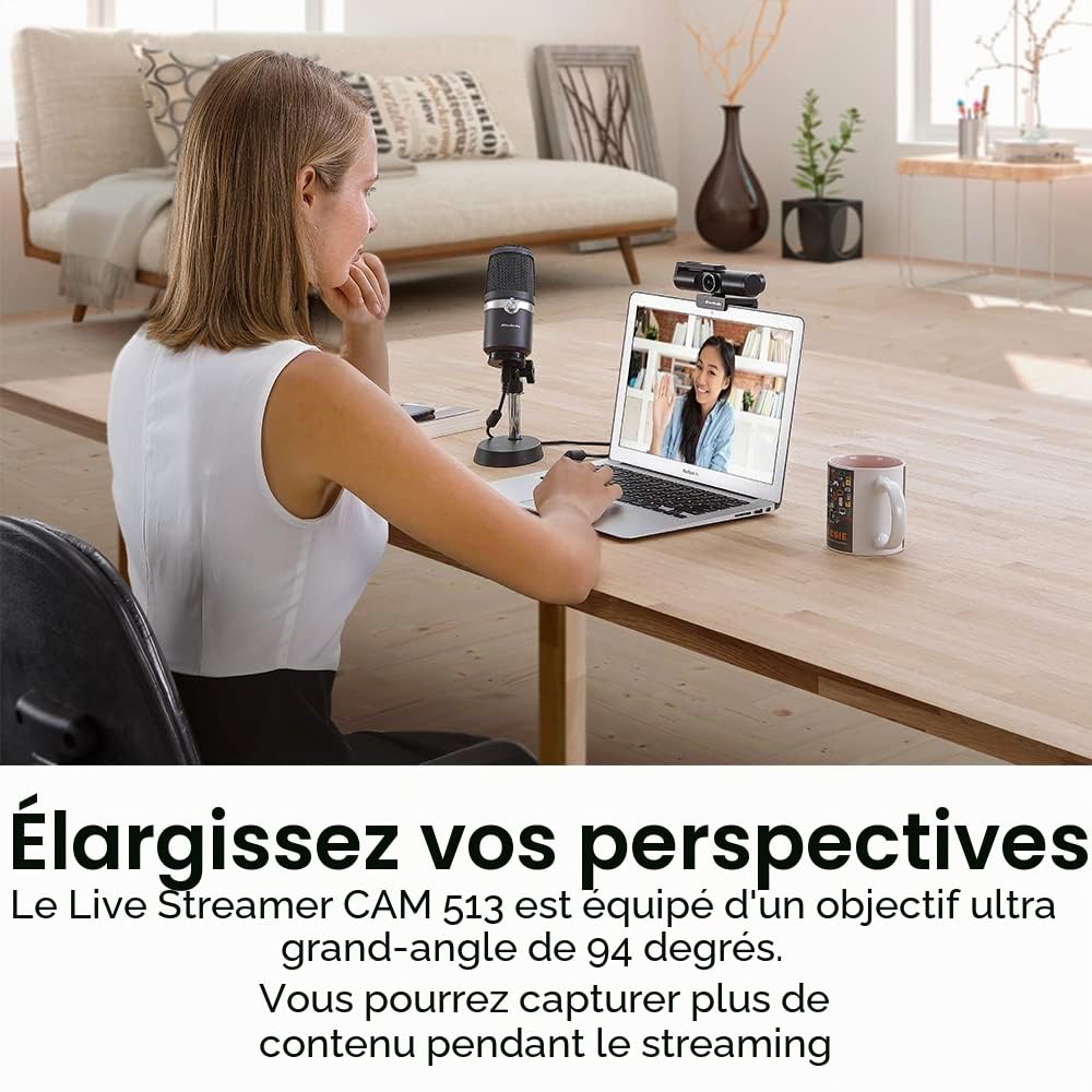 AVerMedia Live Streamer CAM 513 Webcam Ultra Grand Angle 4K avec Couverture Webcam, Microphone intégré, Plug & Play pour Jeu, Stream, Appel vidéo – PW513 Noir
