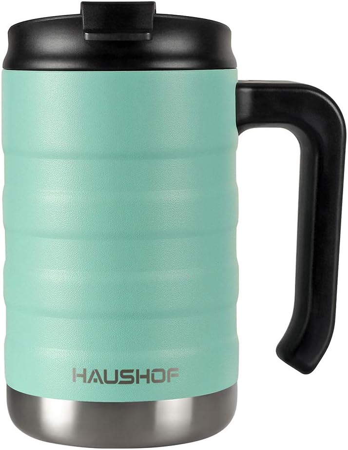 HAUSHOF 16 oz Travel Mug, Stainless Double Wall Vacuum Insulated Tumbler with Handle & Spill Proof Twist On Flip Lid and Wide Mouth, BPA Free