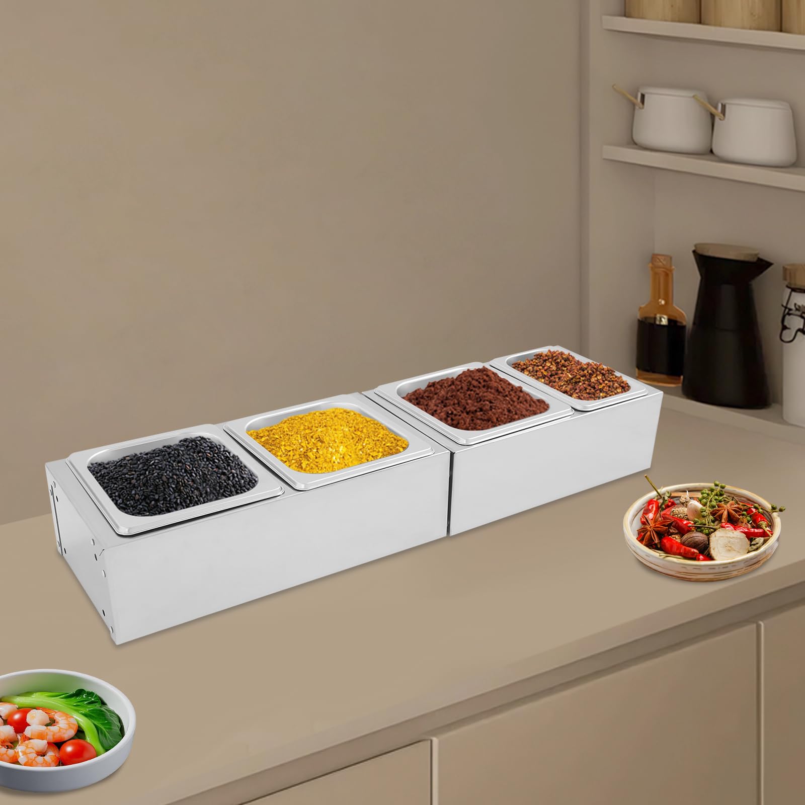Contenitori per ingredienti di pizza e contorni, contenitori in acciaio inox con coperchio, contenitori per ingredienti per barbecue, cucina e gastronomia, accessori per pizza, 4 pezzi, per