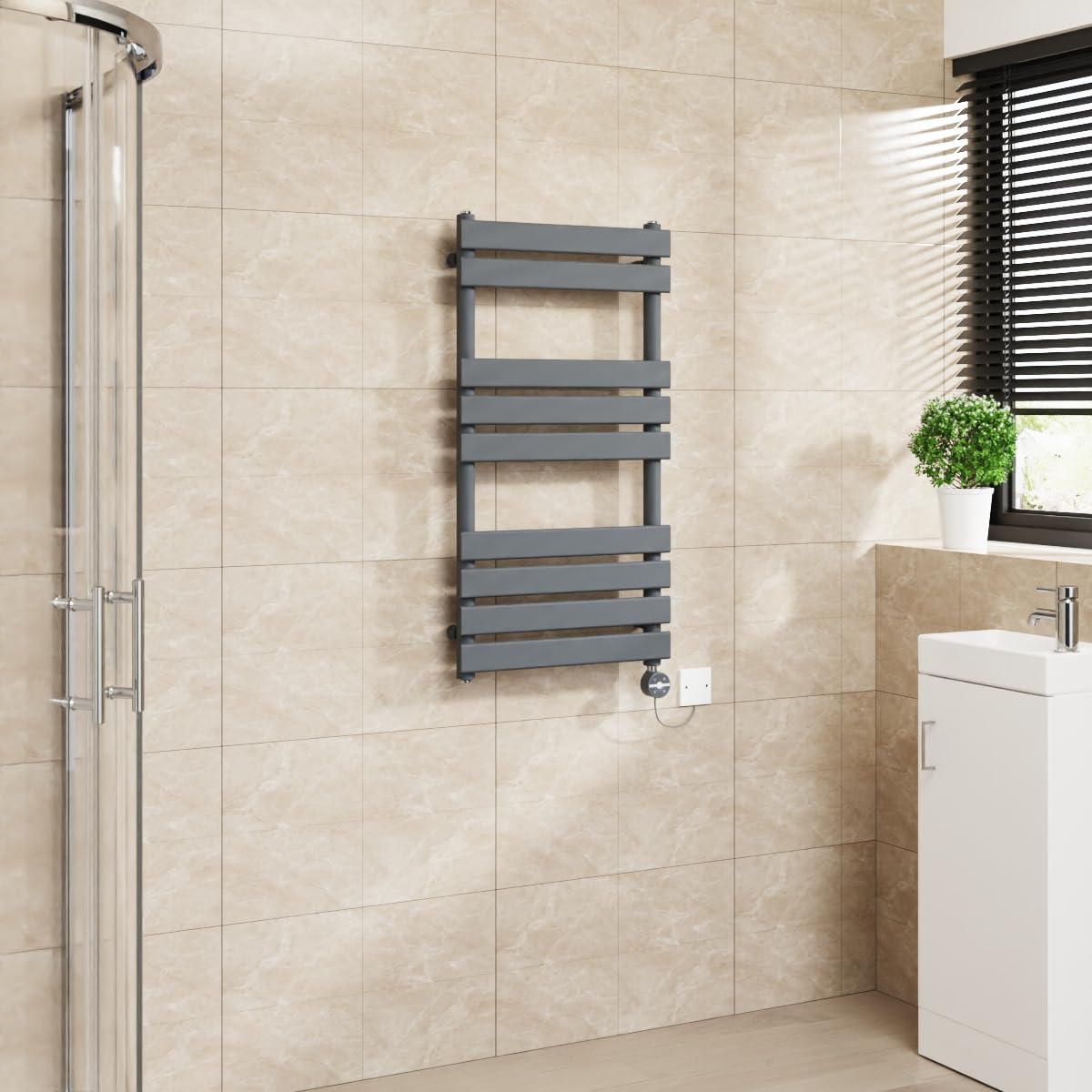 Warmehaus Sand Grey Flat Panel Electric Heated Towel Rail Touch Screen Timer Bathroom Radiator Prefilled 950X500mm 400W