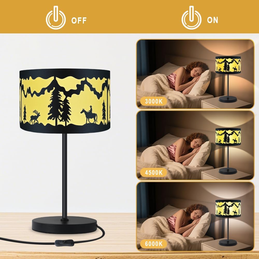 Rustic Farmhouse Table Lamp,20 Inch Black Bedside Lamp,Painted Lampshade (Tree, Deer, Horse, Person), E26 Base,Button Switch,for Bedroom Living Room Office Nightstand
