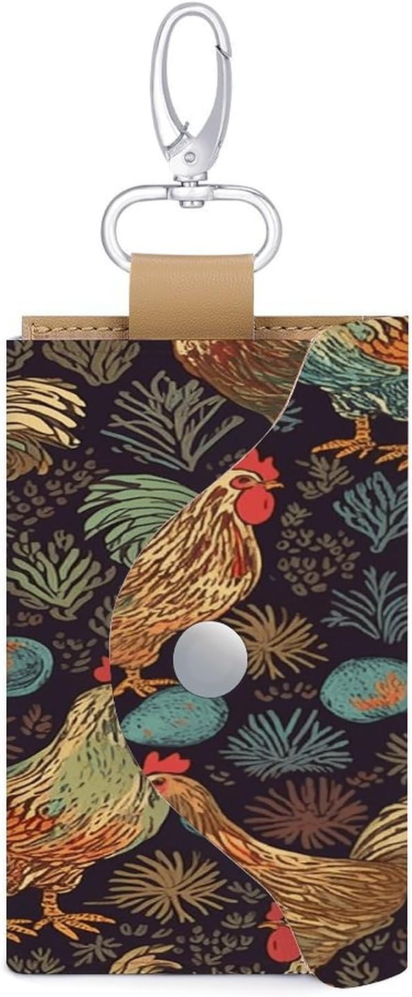 Chicken Print Key Case Leather Car Key Chain Card Holder Wallet Pouch Keys Money Organizer Case Snap Closure image 3