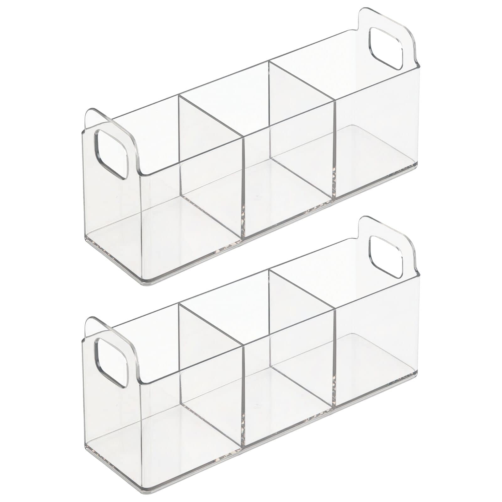 mDesign Plastic Condiment Organizer and Tea Bag Holder - 3-Compartment Kitchen Pantry/Countertop Storage Caddy - Divided Chip, Snack, Oatmeal Packet Holder - Lumiere Collection - 2 Pack, Clear
