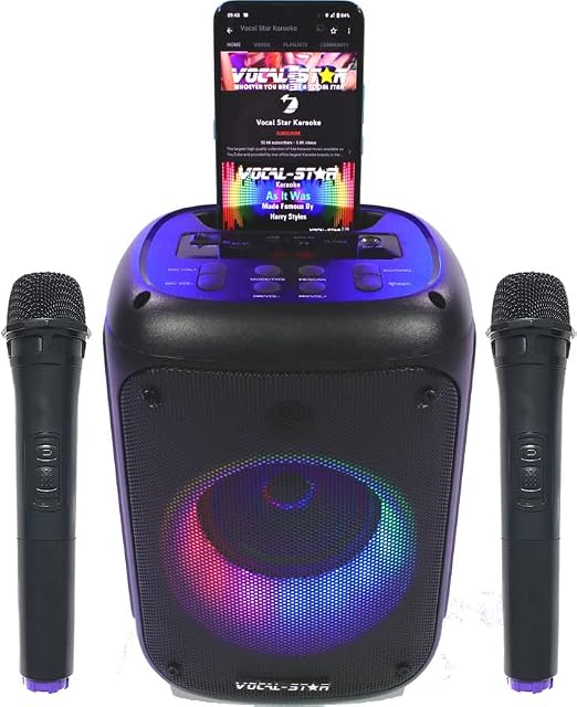 Vocal-Star VS-275 Portable Karaoke Machine With Bluetooth, 2 Wireless Microphones, 60w Speaker, Lights Effects, Records Singing, Rechargeable