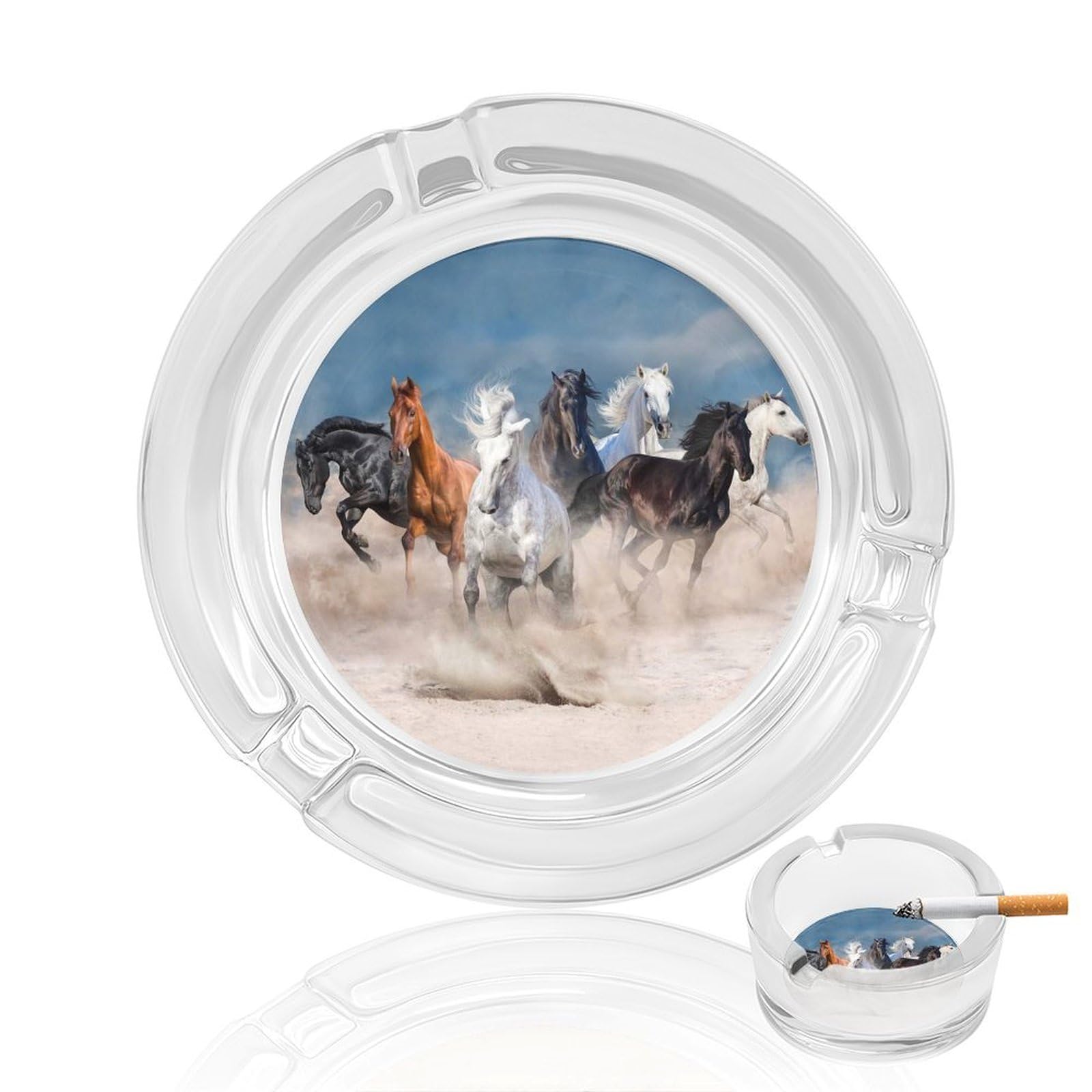 Nclqvjxzkhw Style Horse Herd Run In Desert Storm Glass Ashtray Round Ash Tray Smoking Trays For Home Garden Outdoor