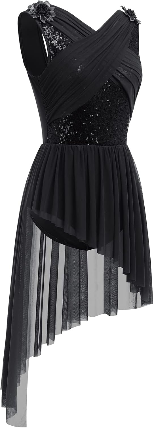 AFAVOM Women's Lyrical Dance Costume Sequin Flower Lyrical Dress Asymmetric Flowy Tulle Skirt Contemporary Dance Costumes - Image 3