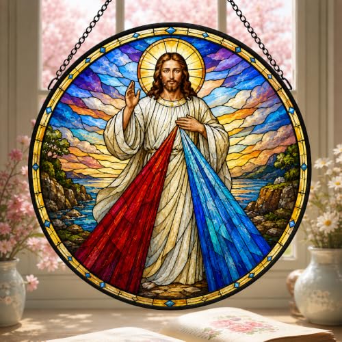 Divine Mercy Jesus Stained Glass Suncatcher, Round Window Hanging, Catholic Religious Decor, with Hanging Chain and Suction Cup (12in)
