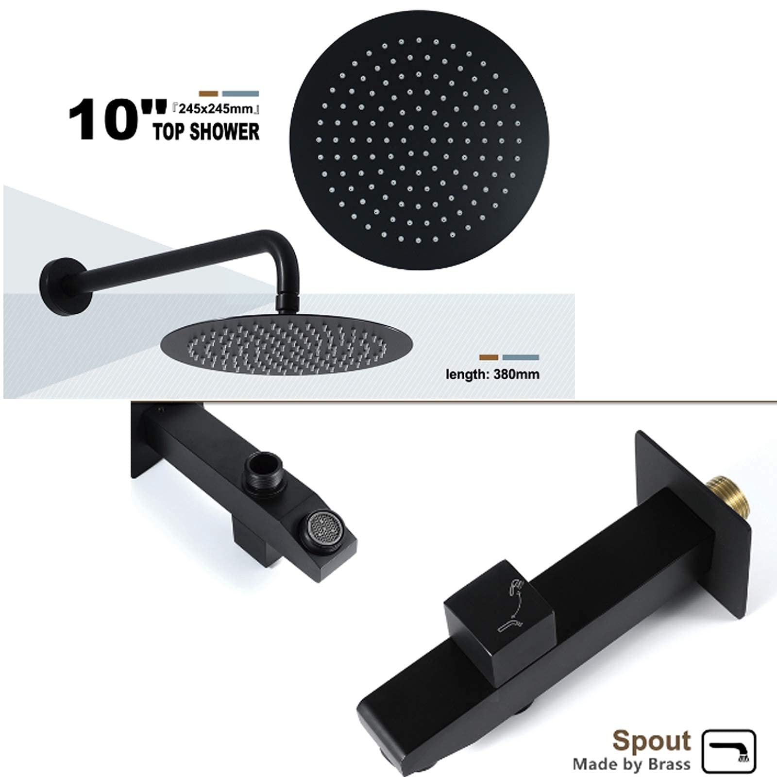 Miscelatore Doccia a Pioggia Nero, Set da Parete per Bagno, con soffione Rotondo da 10 Pollici, beccuccio per Vasca, spruzzatore per Bidet.