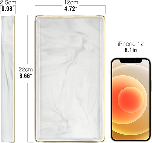 Miniatura 3 de Luxspire Bandeja de tocador de baño, bandejas de baño de cerámica de mármol de 12 pulgadas para encimera, bandeja dorada y blanca para tocador,