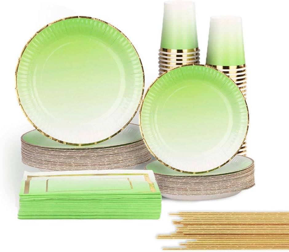 Ottin Ombre Lime Neon Green Party Supplies 50-counts Festive Paper Plates and Napkins Set for Birthday Wedding Engagement Mother's Day Baby Shower