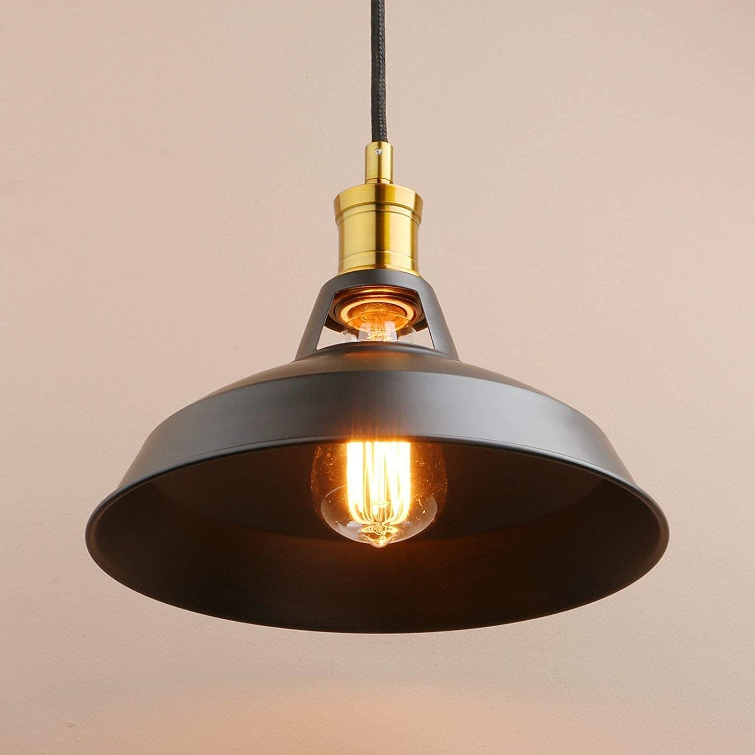 Lampe suspendue E27 en dôme de métal noir style industriel pour cuisine