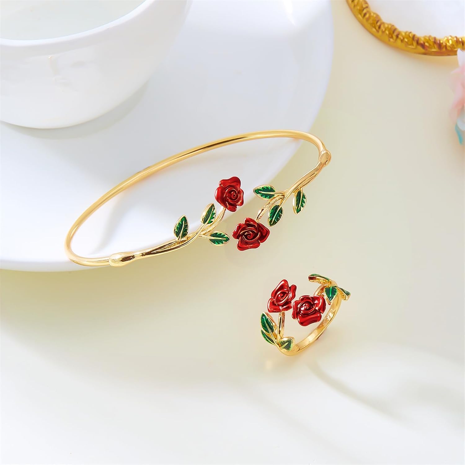 coadipress Rose Bracelet Ring Set for Women Dainty Fashion Red Roses Flower Green Leaf Open Cuff Adjustable Bracelets Vintage Flower Rings Wedding Personalized Accessories Jewelry - Image 4