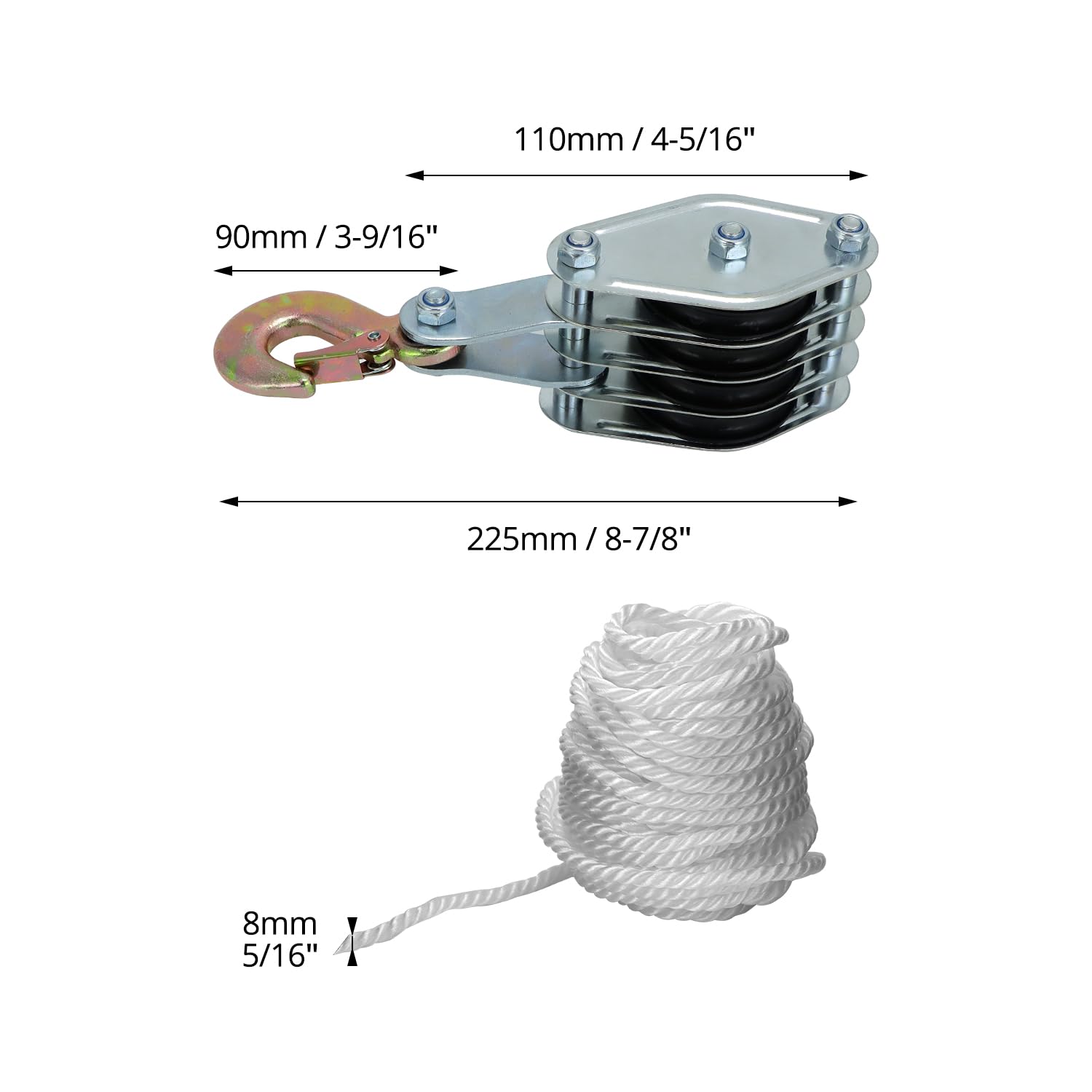 QWORK® Poulie de palan à corde de 2000 kg - Acier galvanisé - 8 Poulies - Levage 2,4m - Corde de nylon résistant de 20 m