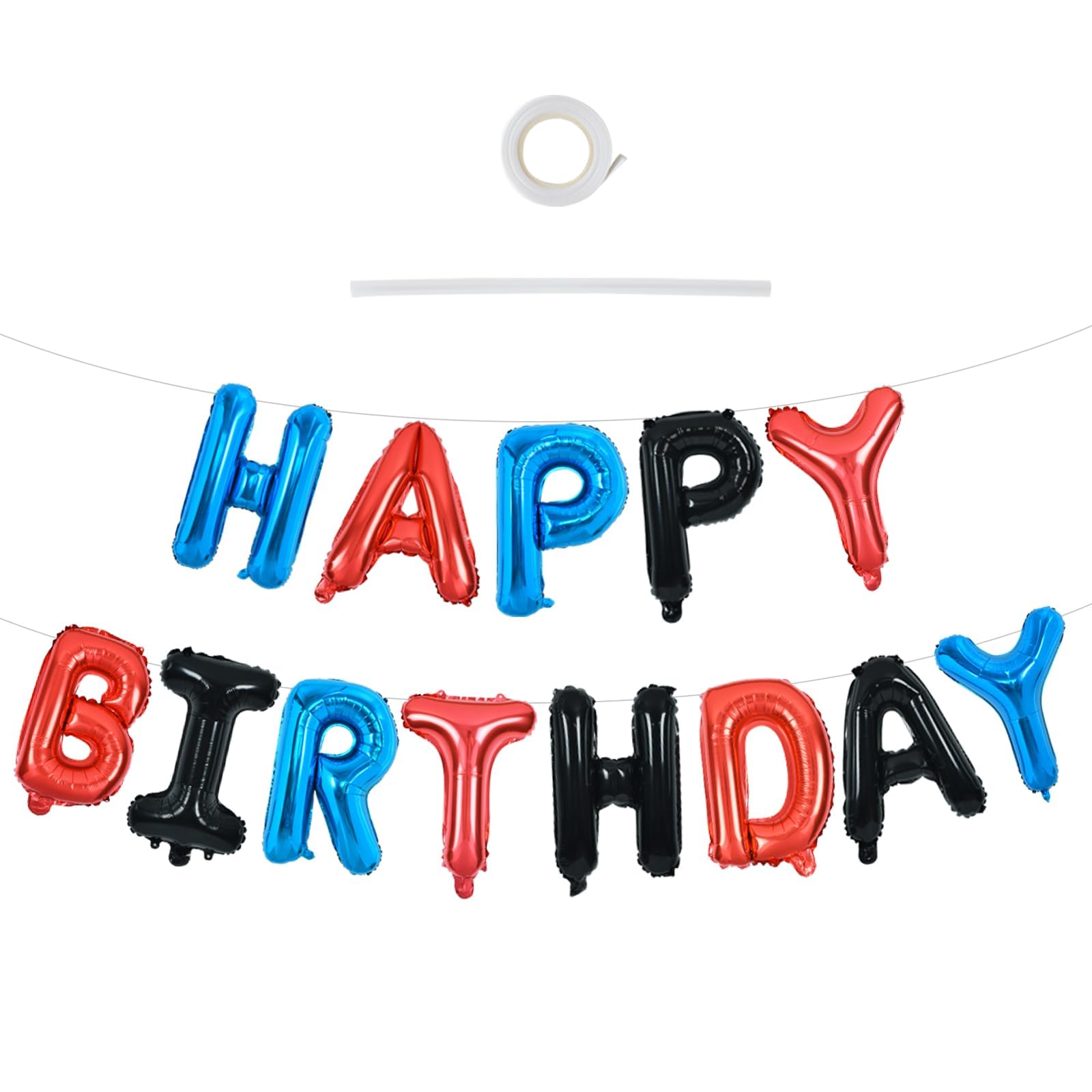 TONIFUL 16 Inch Letter Balloons Happy Birthday Balloons with Ribbon Straw, 16 Inch Mylar Letters Birthday Sign Banner Bunting Reusable for Adults Party Decorations Supplies(Blue Red Black)