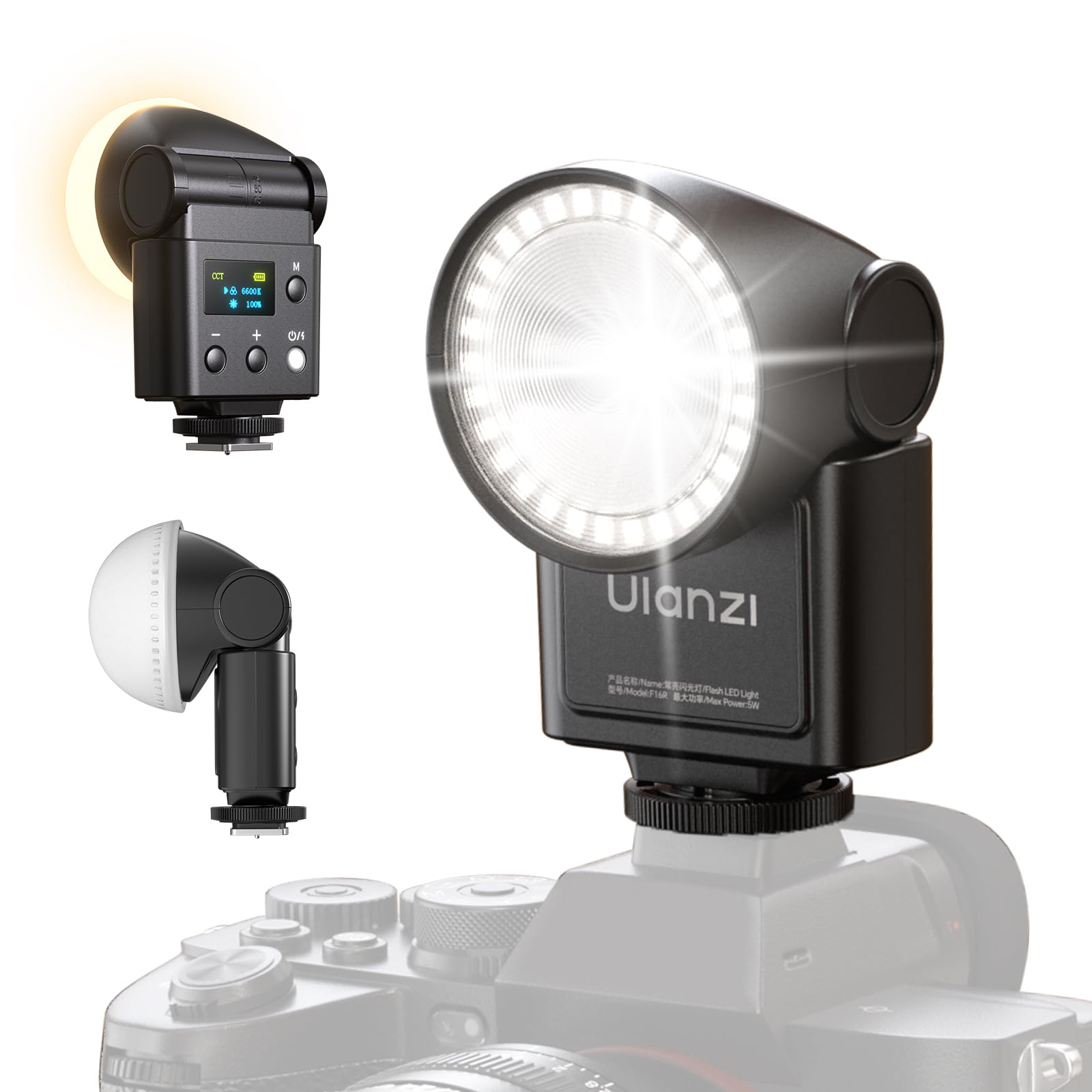 ULANZI F16R Kamerablitz, GN16 2-in-1 Kamera Speedlite Blitzgeräte mit Videolicht, 7 Leistungsstufe (1/64~1/1), 90° Klappbar, 2500-6500K, inkl. Diffusor, Einzelkontakt-Blitzschuh für Sony Canon Nikon
