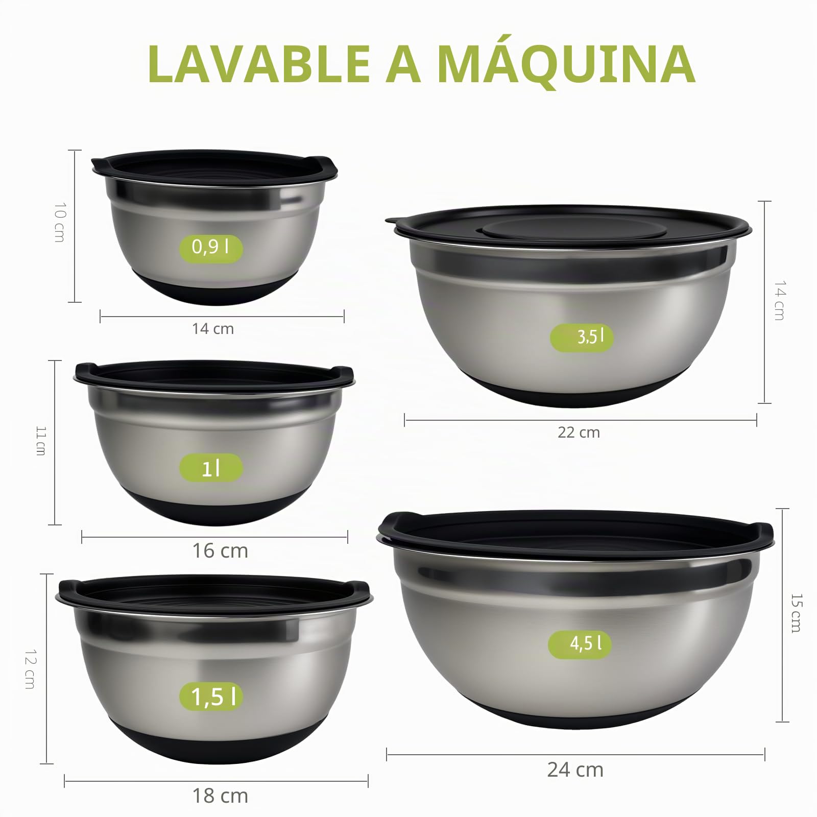 Juego de 5 Cuencos para Mezclar de Acero Inoxidable con Base Antideslizante, Ensaladera, 1L, 1.5L, 2L, 3L, 4.5L, 5 Tapas y 3 Ralladores, Aptos para Lavavajillas para Hornear, Servir