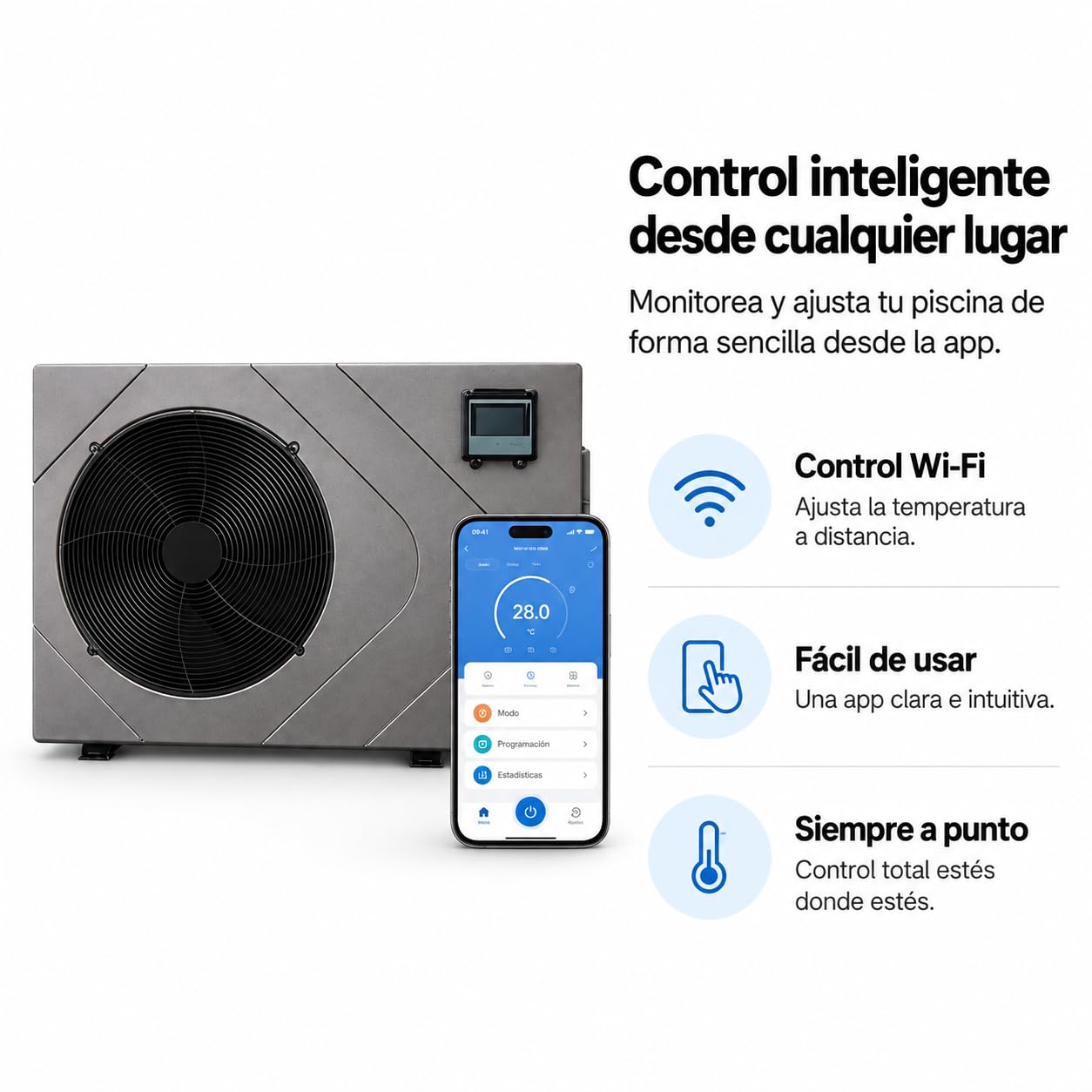 Bomba de Calor Full Inverter WiFi para Piscina, 20 kW, para Piscinas 80-110 m³, 220-240V 50-60 Hz, 1106 x 390 x 756 mm