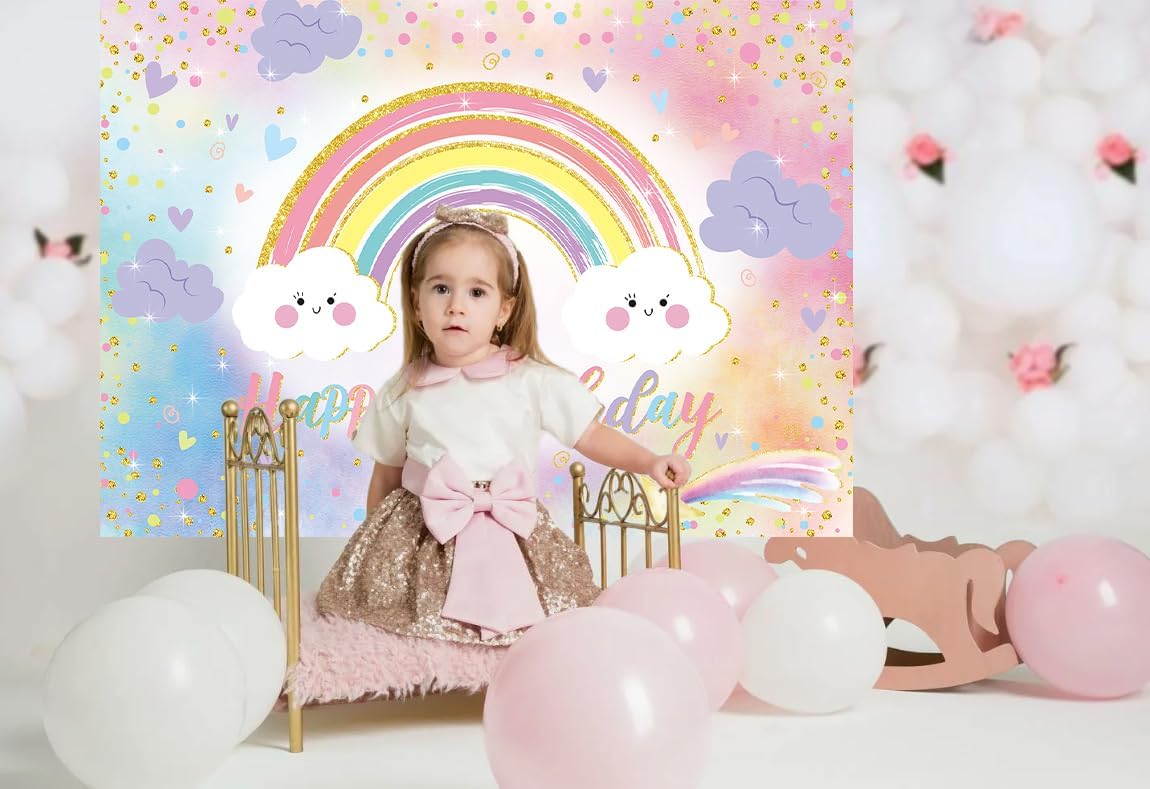Rainbow Happy Birthday Banner Backdrop for Girl Women Colorful Rainbow Party Decorations Backdrop Pastel Kid Girl Baby Shower Party Cake Table Supplies (94X70 inch (8x6FT))