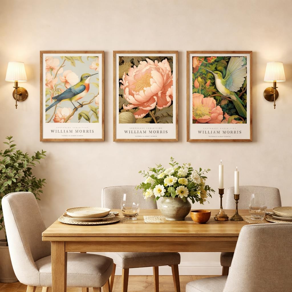 3 Pcs Framed Vintage Botanical Canvas Wall Art, Hummingbird and Peony Floral Poster Prints, Antique Rustic Gallery Home Decor for Living Room Bedroom Office, 16 x 24 Inch Ready to Hang