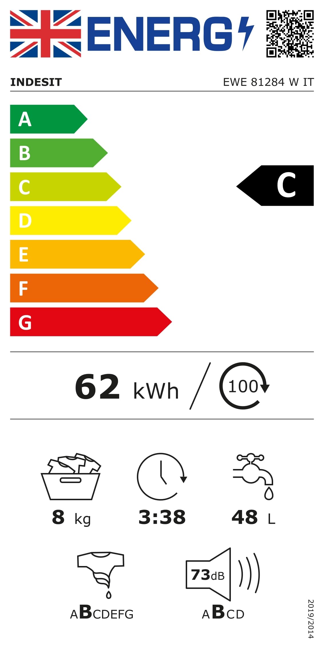 Indesit EWE 81284 W IT- Lavatrice 8kg Libera Installazione, Carica Frontale. Centrifuga 1200 Giri Al Minuto. Larghezza 59,5cm, Profondità 57,2cm, Altezza 85,0cm, Classe Energetica C