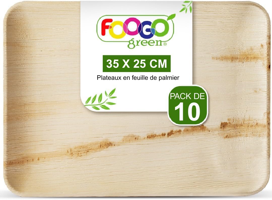 FOOGO Green 10 Plateaux de Service Jetables Feuille de Palmier, Grand 35x25 cm, Pizza, Entrées, Canapés, Planche Charcuterie, Robuste et Ecologique, Comme Plateaux en Bois, pour Plats Chauds