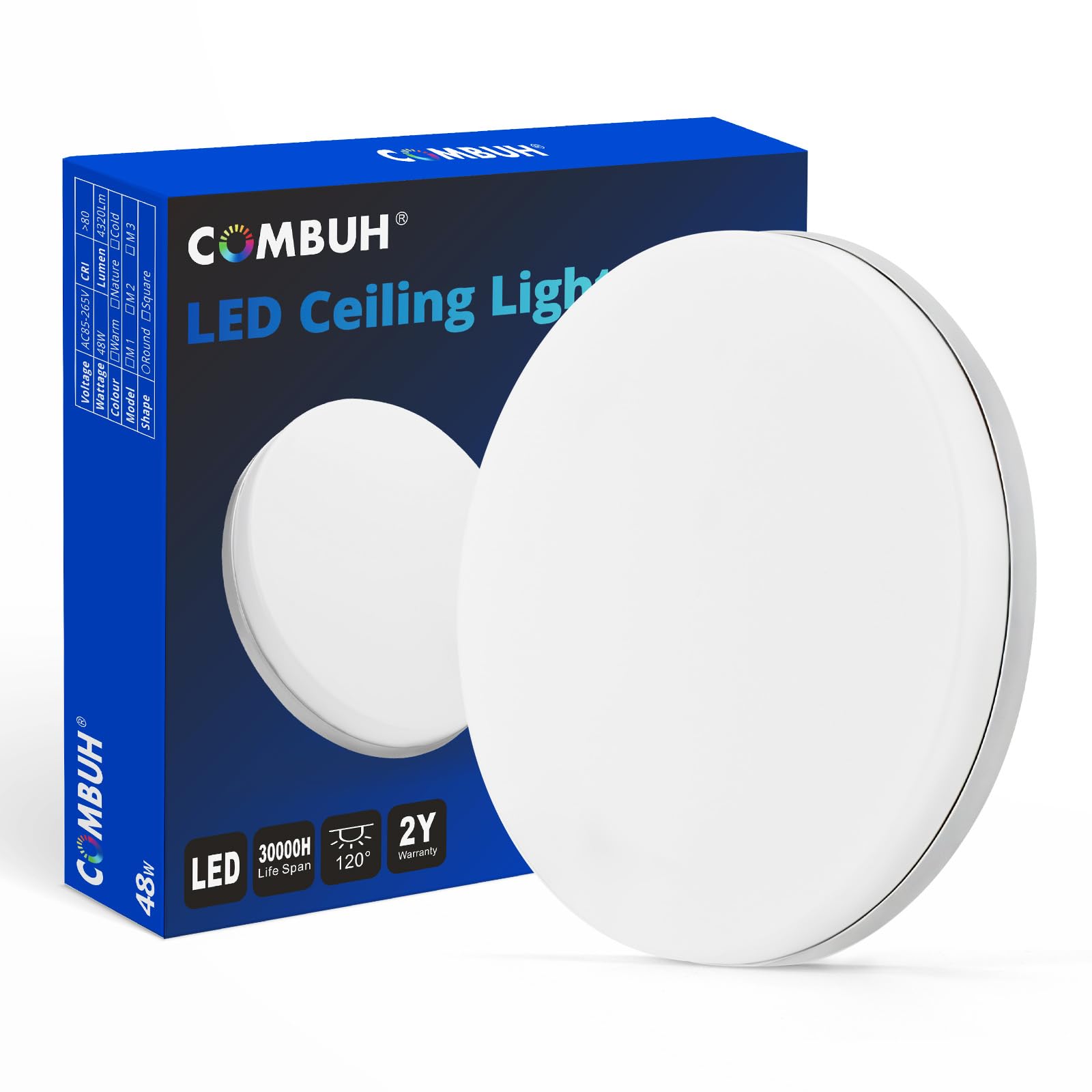Combuh LED Flush Ceiling Light Cool White 6500K, 30CM Bright 48W, IP44 Waterproof, Round Modern Lighting Fitting for Bathroom, Kitchen, Living Room, Roof, Office