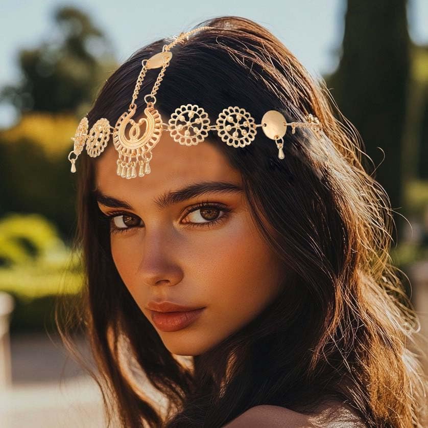 Fashband Boho Head Chain Gold Vintage Headpiece Water Drop Tassel Hair Accessories Festival Headband for Women(A) - Image 4