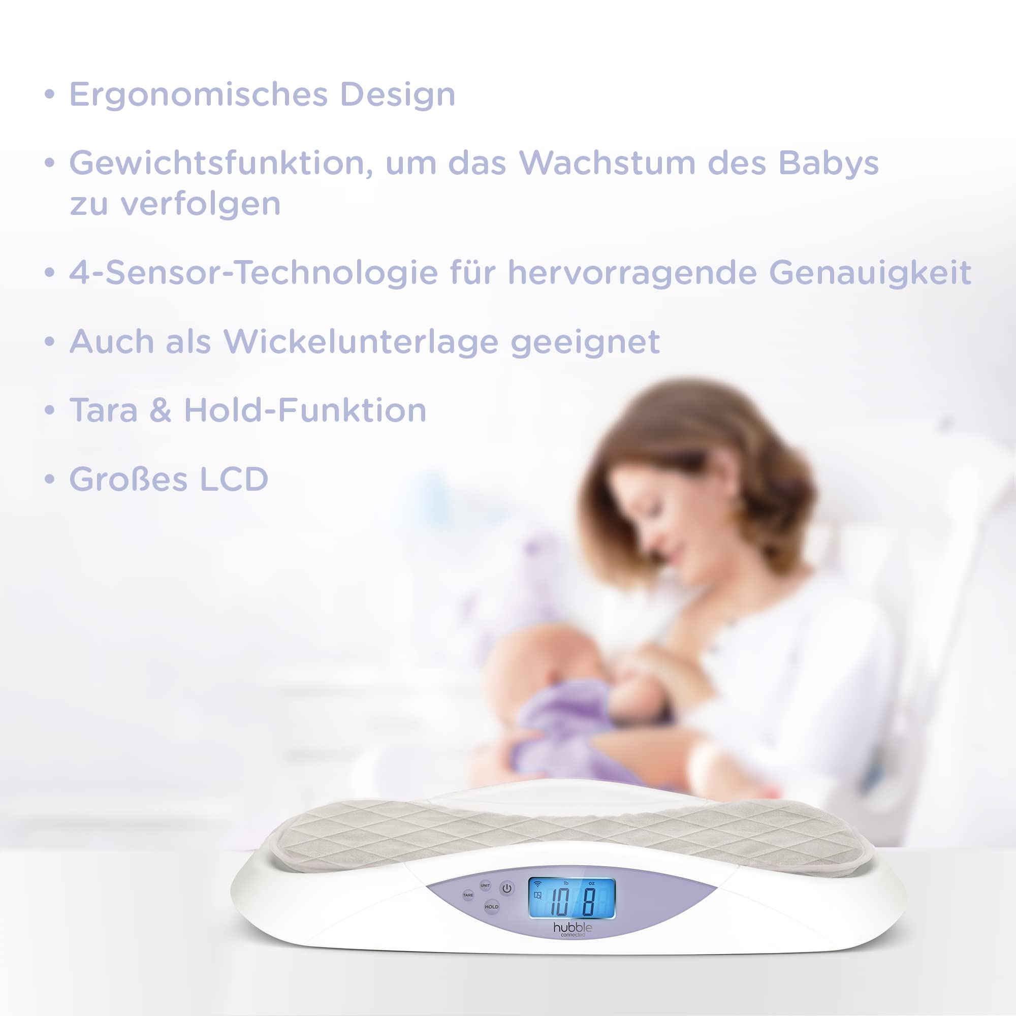 Hubble Connected Grow Báscula inteligente para bebés con Bluetooth con pantalla LCD, seguimiento de peso, cambiador suave, tara y retención y tecnología de 4 sensores para una precisión excelente