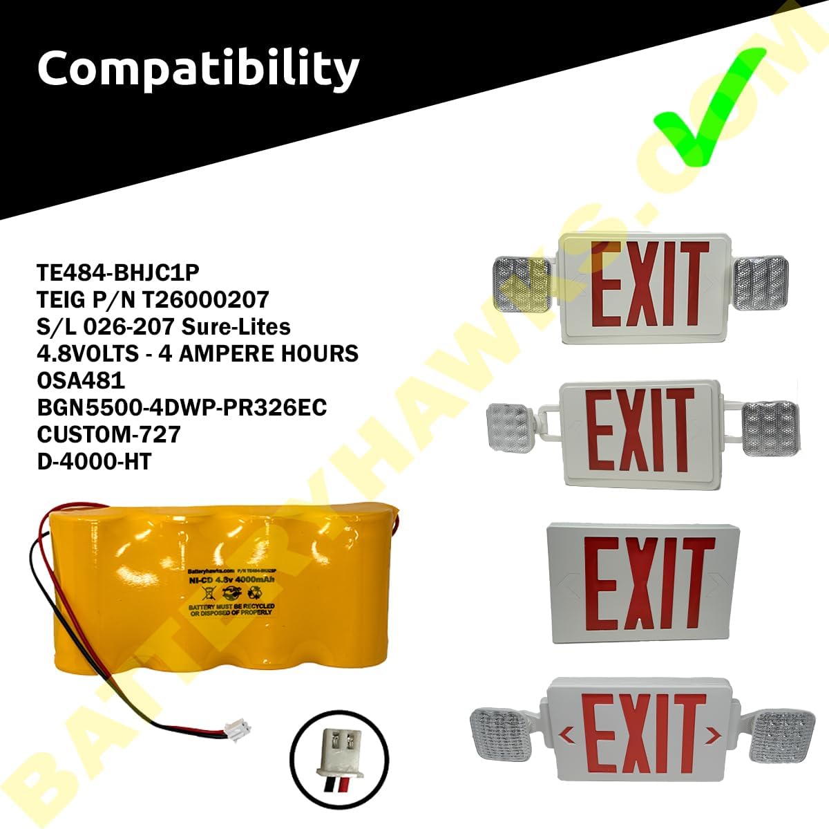 (4 Pack) 4.8v 4000mAh Ni-CD Battery 2 Pin Connector S/L 026-207 T26000207 D-4000-HT D4000HT Battery for Emergency Lights
