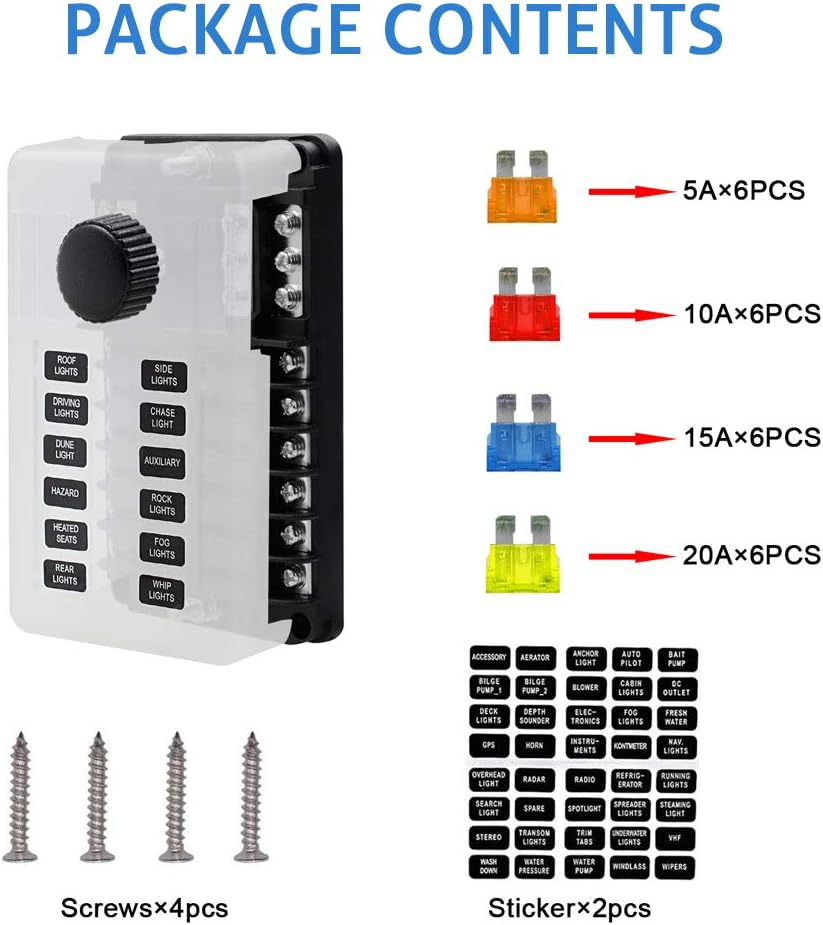 WUPP 12 Volt Fuse Block, Marine Boat Fuse Block Waterproof 12 Way Automotive Fuse Box with 12 Ground Negative Busbar [100 Amp Max] [ATC/ATO Fuses] [LED Indicator] for Car RV Truck Golf Cart : Automotive