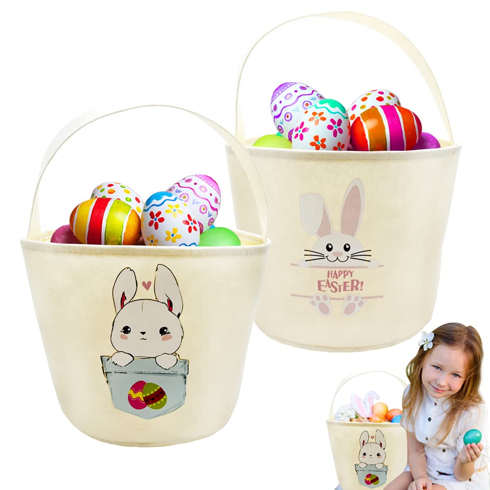 Easter Bunny Basket, 2pcs Easter Egg Bags for Kids Personalized Rabbit Print Felt Buckets, Playset Basket, Gifts Bags for Easter Decorations Party Supplies