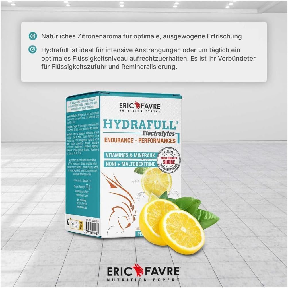 Eric Favre Hydrafull Electrolytes – Elektrolytmischung mit Vitaminen, Noni-Extrakt & Zitronengeschmack, Zuckerfrei, Vegan, 12 Sticks à 4g