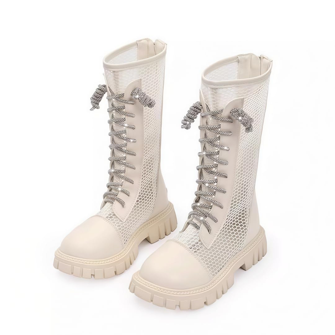 Botas de combate hasta la rodilla para niñas, de malla transpirable, huecos, sandalias romanas con cremallera