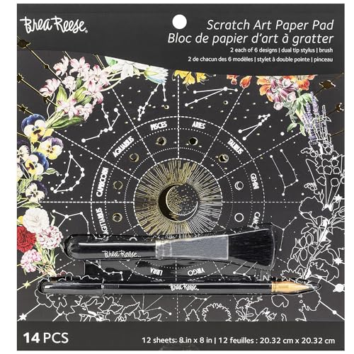Brea Reese: Scratch Art Paper Pad - Whimsical Celestial - 12 Designs 8x8 Pages Metallic Guided Art Kit Adult Craft Activity Mindful Relaxation