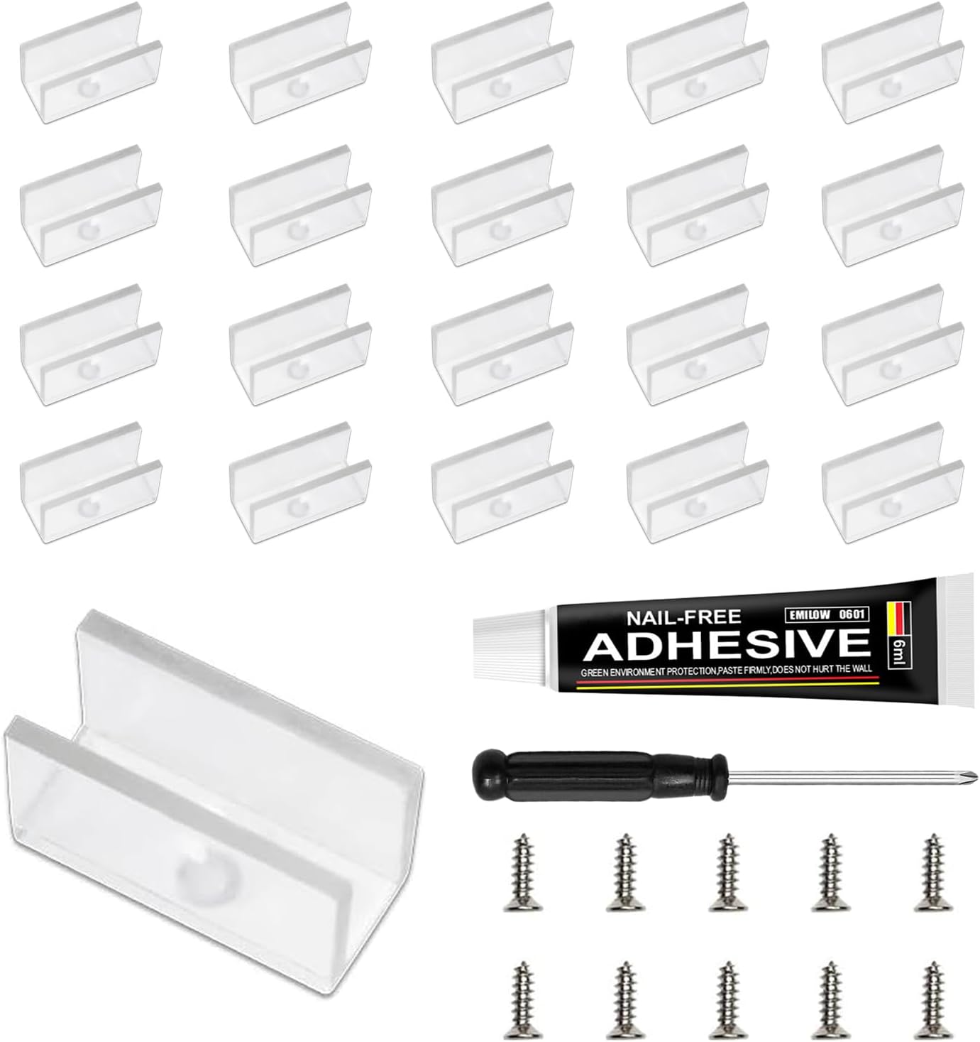 Neon Rope Light Mounting Brackets, Clear Fixing Clips with Screws and Nail-Free Glue, for 6x12mm Silicone LED Flex Strip Lighting, Neon Signs DIY(20Clips, 20Screws)