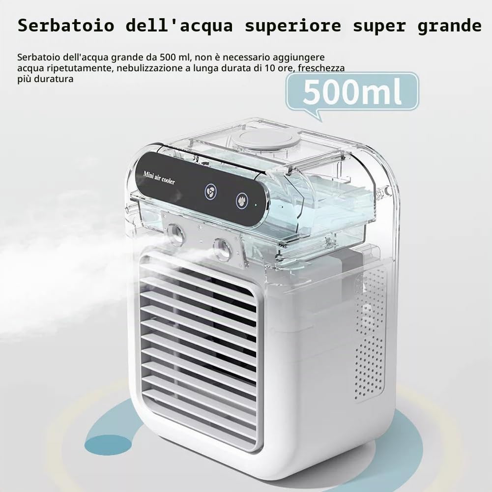 Mini condizionatore d'aria portatile, ricaricabile USB, batteria 1800 mAh, 2 velocità vento, 2 modalità spruzzo, funzionamento silenzioso per casa, ufficio, auto, viaggi