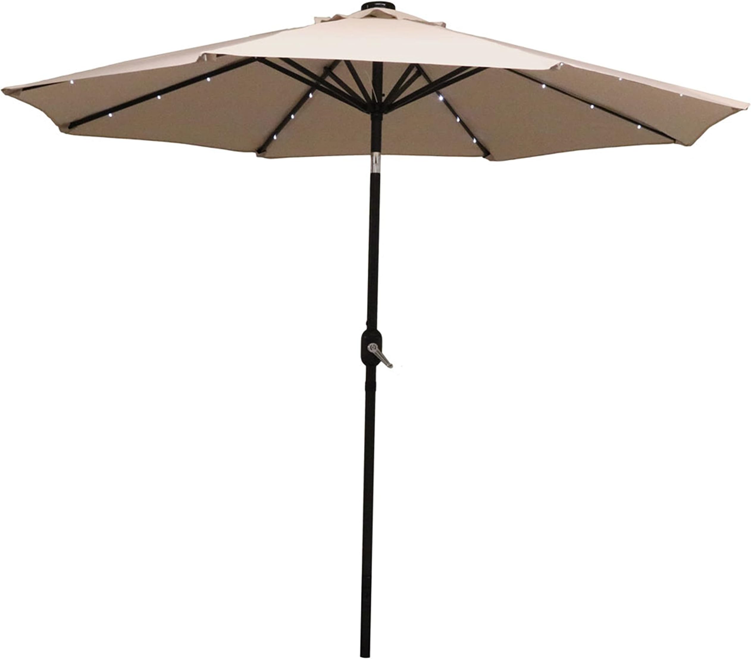 Sunnydaze 9 ft Outdoor Patio Umbrella with Solar Lights - Polyester LED Table Market Umbrella with Push-Button Tilt and Crank - Beige