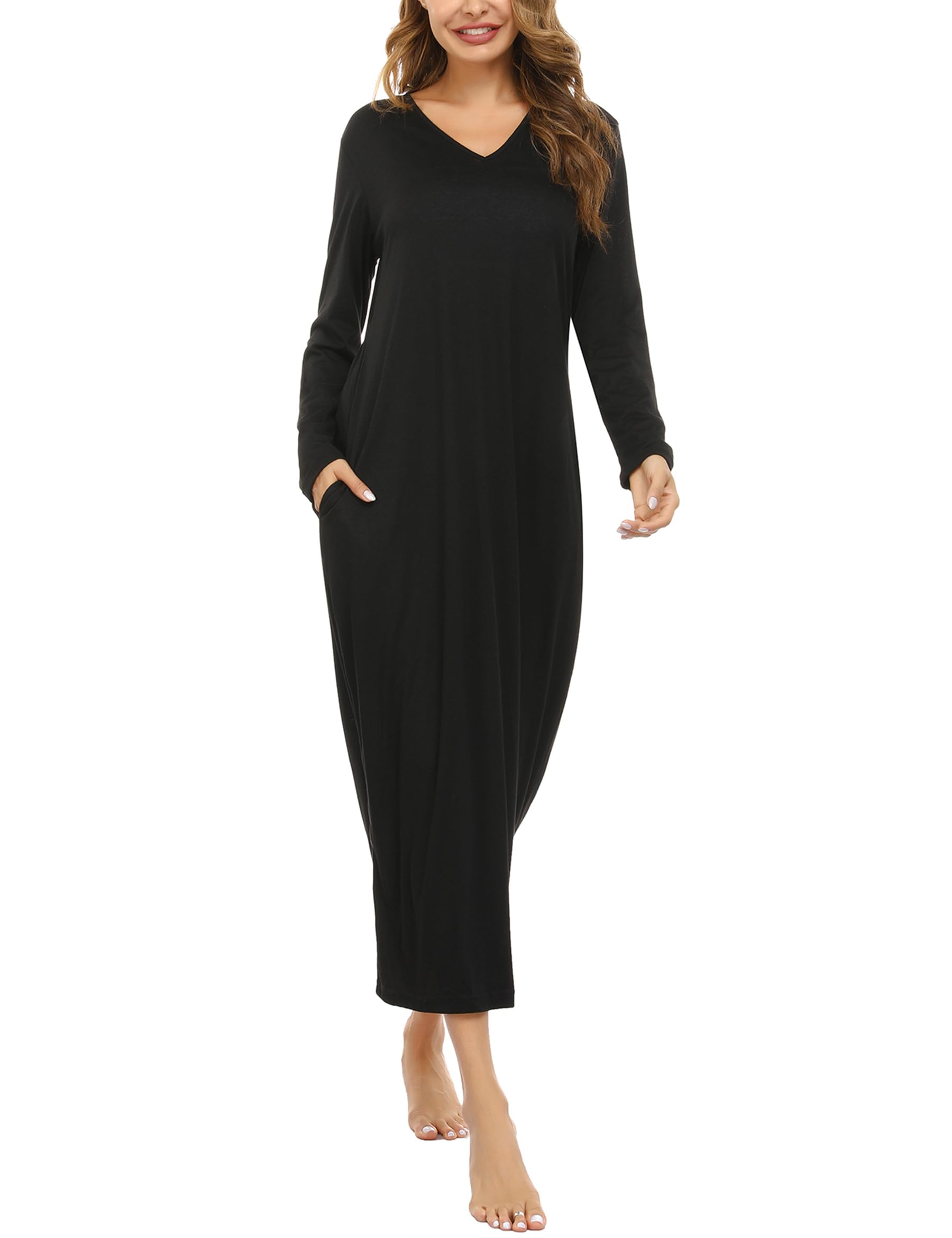 Sykooria Camicia da Notte Manica Lunga Donna a V Camice da Notte in Cotone Lungo Camicia da Notte Invernale con Tasche,Pigiama Comodo Ampio Tinta Unita Abbigliamentoda Casa S-3XL
