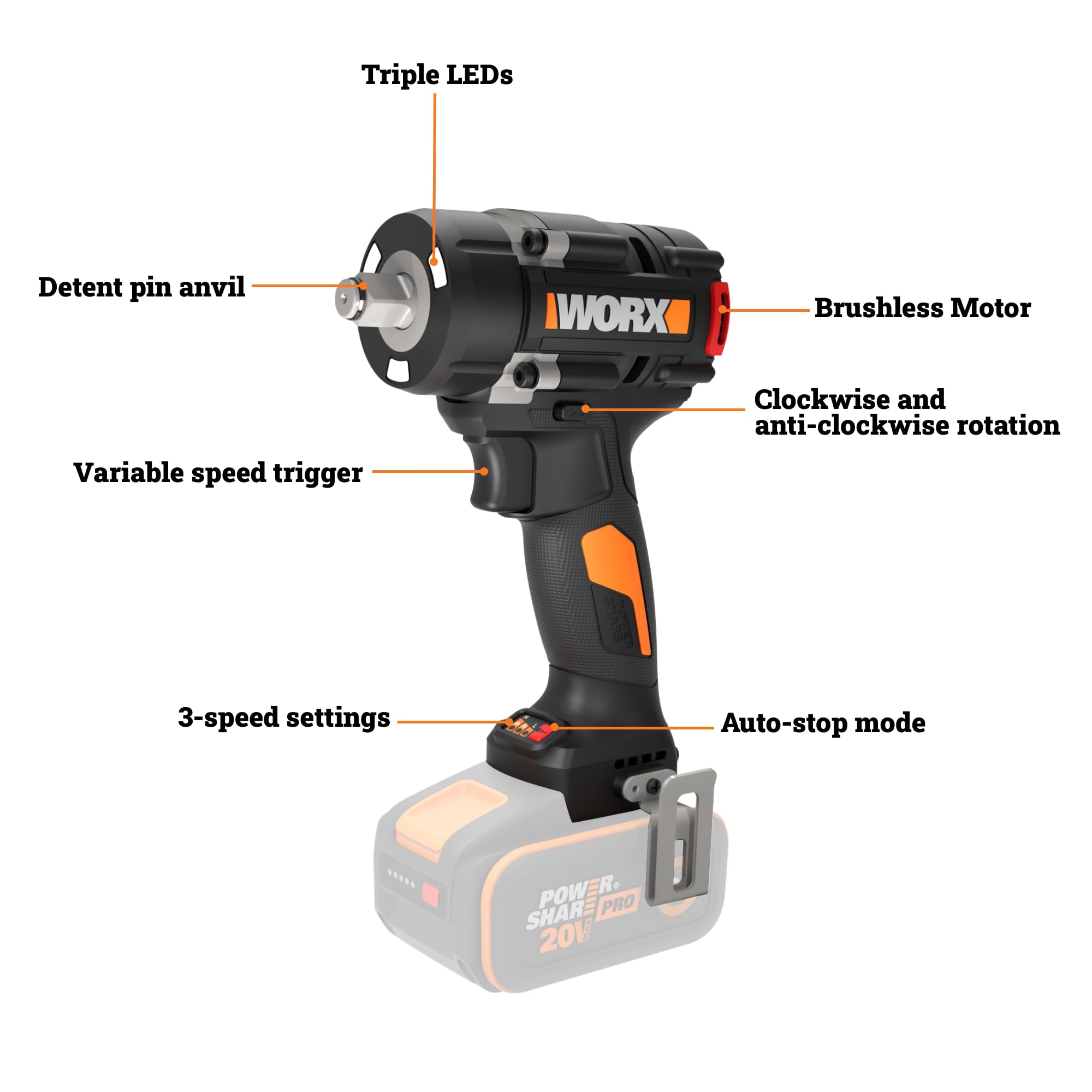 WORX 20 V WX273.9, coppia max 800 Nm, motore brushless, velocità variabile, serraggio e allentamento, illuminazione a led, design compatto, fornito con 4 prese, senza batteria o caricabatterie