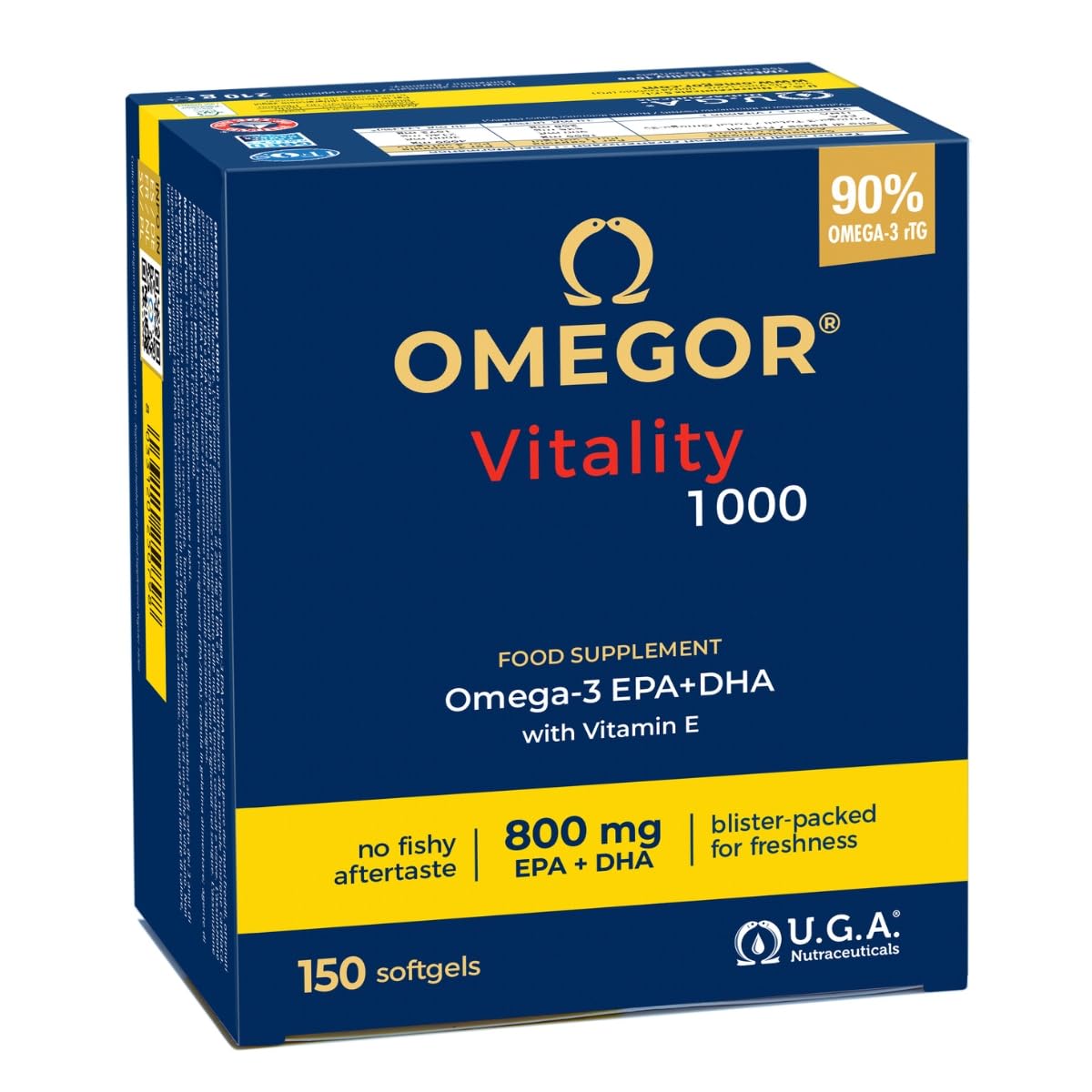 OMEGOR Vitality 1000 – suplement diety z 1000 mg omega 3 – witamina E – dla serca i mózgu – 90% stężenia omega-3 – certyfikat IFOS 5-gwiazdkowy – 150 kapsułek