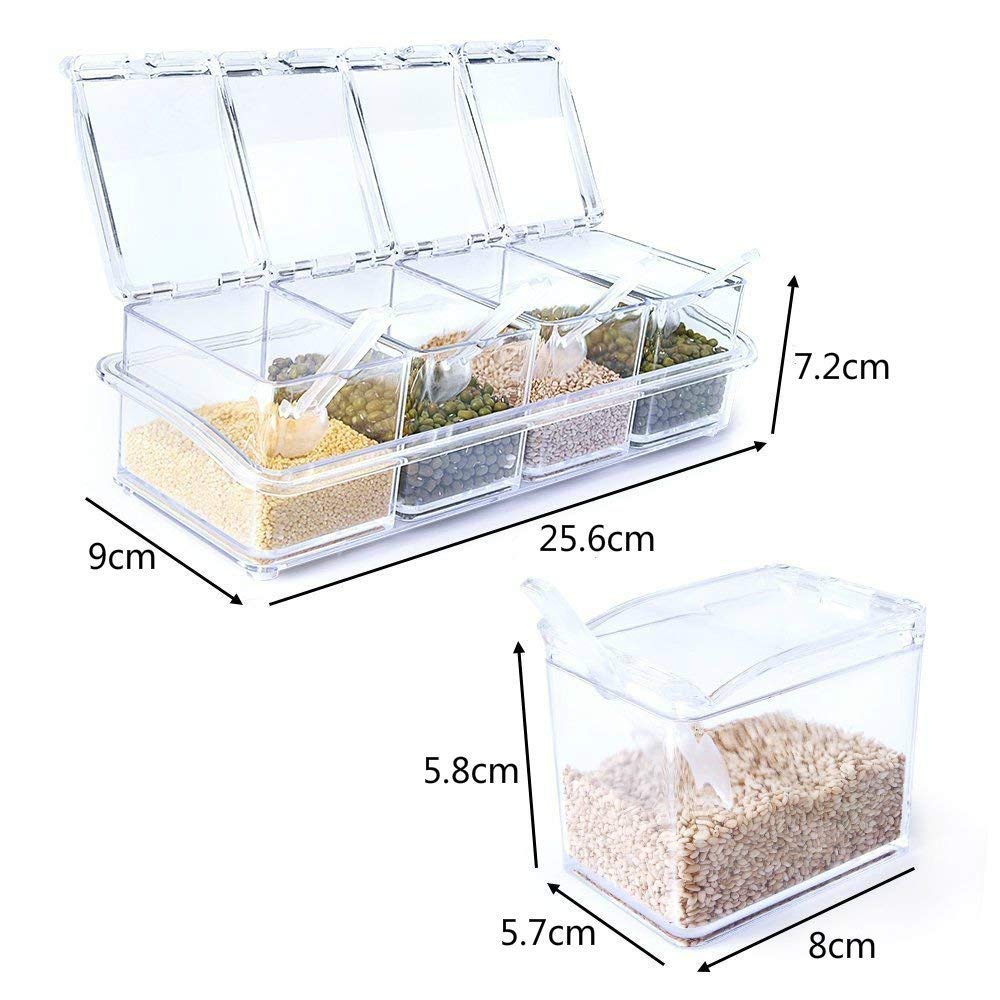 YIQI Assaisonnement Box Set 4 pièces Bouteilles Transparentes Sel Spice Jar,Pots à épices Cuisine Condiment Jarres de Stockage de Conteneurs avec 4 Cuillères Canned Couvercle et Cuillère