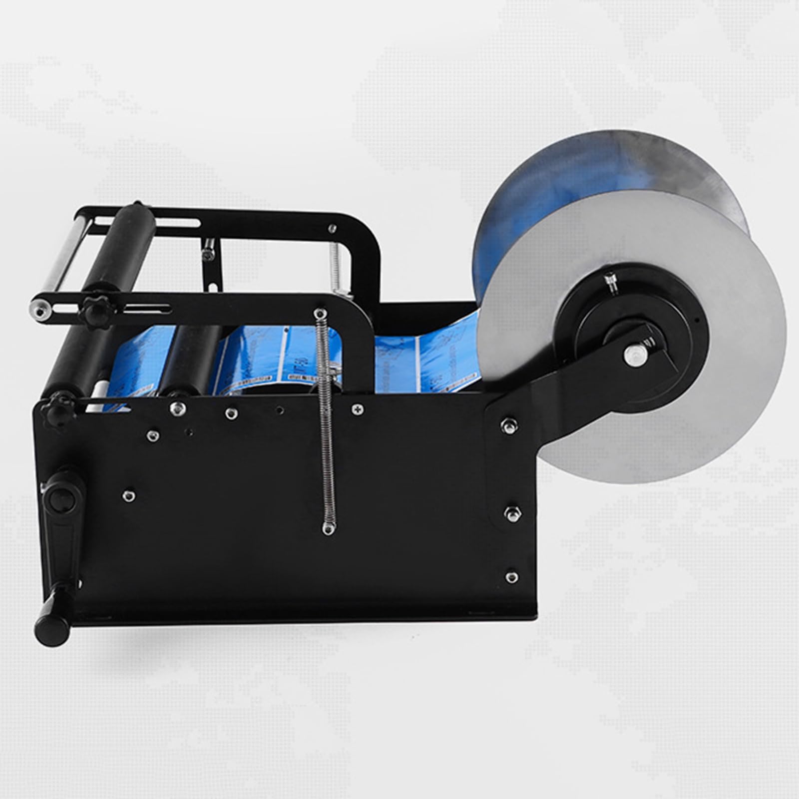 Máquina etiquetadora manual para botellas redondas, ancho de etiqueta 10-160 mm, longitud 10-300 mm, se adapta a botellas de diámetro de 15-120 mm, altura de hasta 340 mm