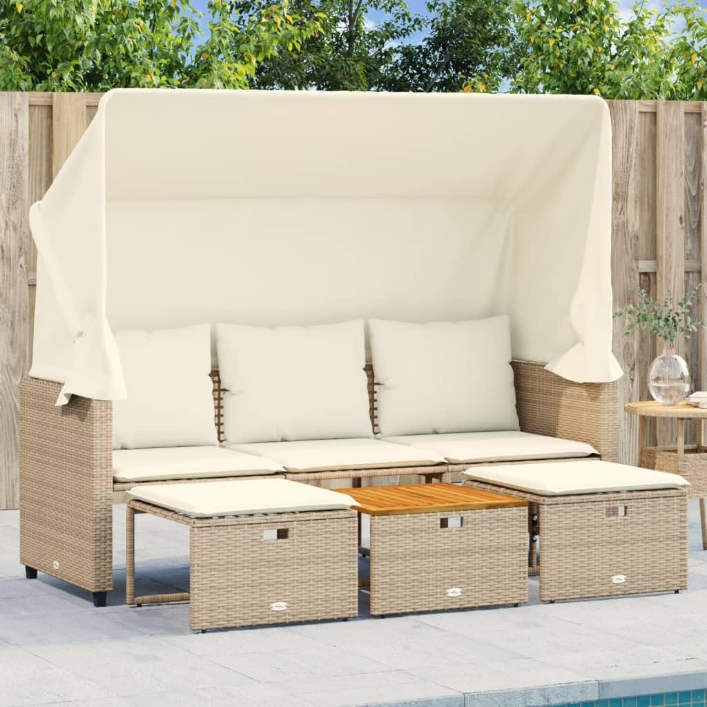 Solivagant Canapé de Jardin 3 Places avec auvent et tabourets Beige rotin,(30 KG)