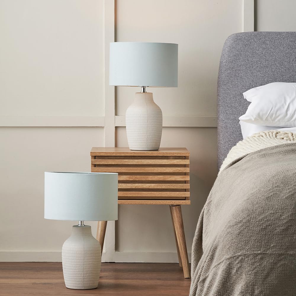Pacific Lifestyle Duo of Kai Duck Egg Textured Ceramic Table Lamp | Set of 2 Soft Blue Scandi Bedroom Lamps | Textured Nordic Line Pattern Table Lamp Complete with Shade