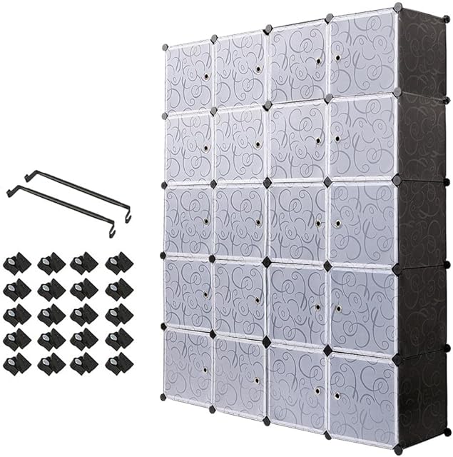 Meerveil Plastic Wardrobe Interlocking Storage Cubes for clothes, Translucent Decorative Patterns, Elegant Black & White, 20 Cubes